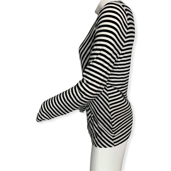 Vince Camuto black white striped long sleeve cross front wrap style top Large - Picture 4 of 9